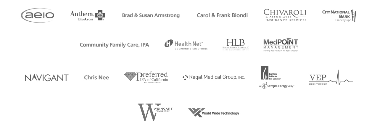 Logos of table sponsors: AEIO, Anthem Blue Cross, Brad & Susan Armstrong, Carol & Frank Biondi, Chivaroli & Associates, City National Bank, Community Family Care IPA, HealthNet, HLB, Medpoint, Navigant, Chris Nee, Preferred IPA of California, Regal Medical Group, SoCalGas, VEP Healthcare, Weingart Foundation, World Wide Technology