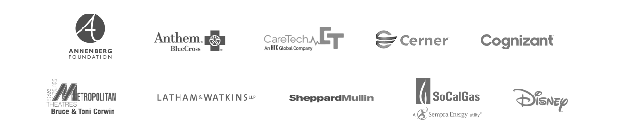 Logos of silver sponsors: Annenberg Foundation, Anthem Blue Cross, Caretech Solutions, Cerner, Cognizant, Metropolitan Theatres Bruce & Toni Corwin, SheppardMullin, SoCalGas, Disney