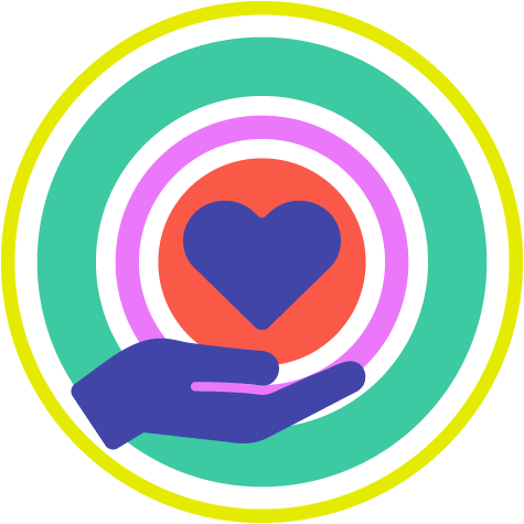 Hand icon holding heart with circles surrounding it